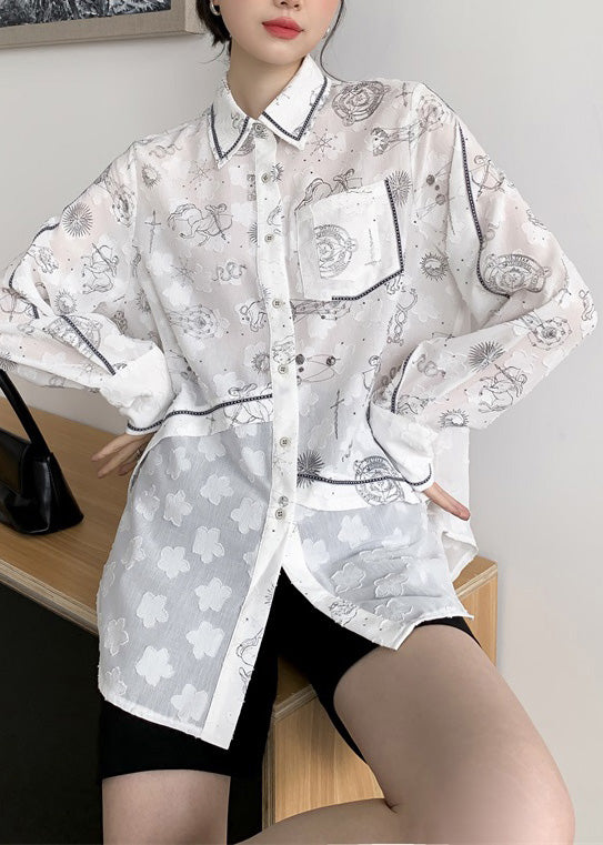 Style White Peter Pan Collar Print Button Shirts Long Sleeve LY0795 - fabuloryshop