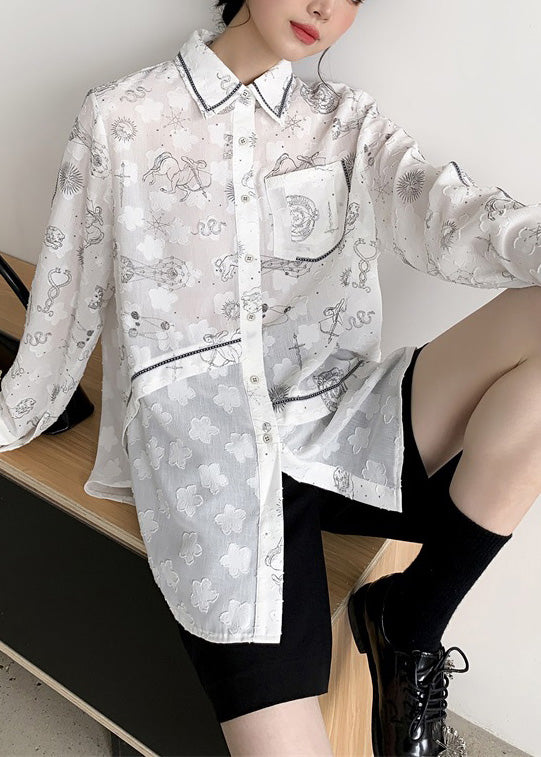 Style White Peter Pan Collar Print Button Shirts Long Sleeve LY0795 - fabuloryshop