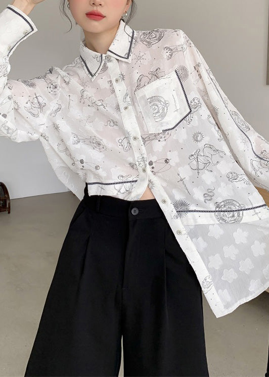 Style White Peter Pan Collar Print Button Shirts Long Sleeve LY0795 - fabuloryshop