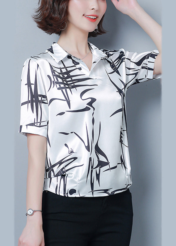 Style White Peter Pan Collar Print Silk Shirt Top Short Sleeve LY0447