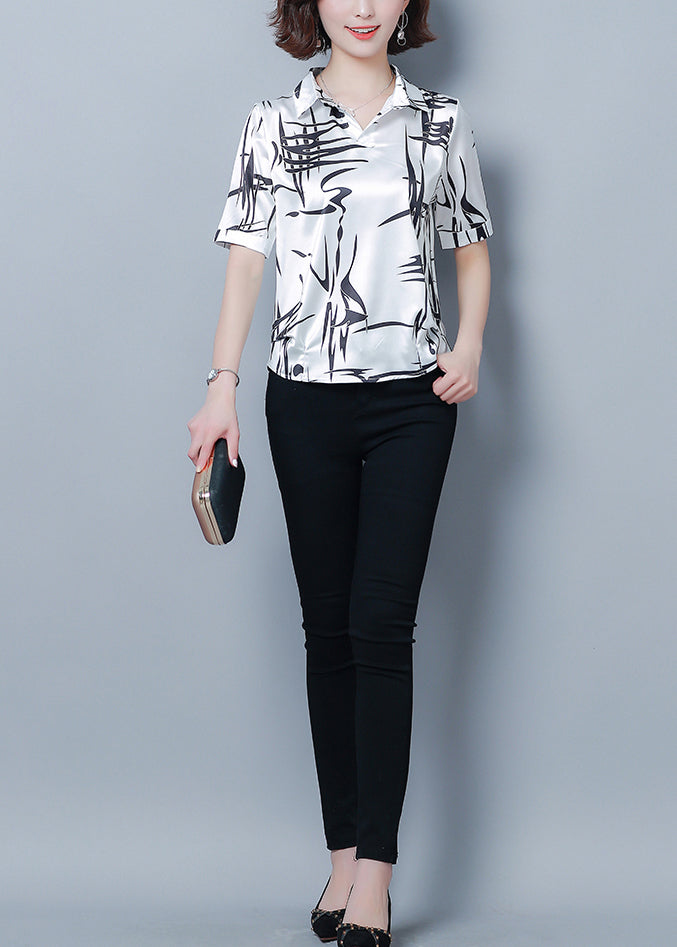 Style White Peter Pan Collar Print Silk Shirt Top Short Sleeve LY0447 - fabuloryshop