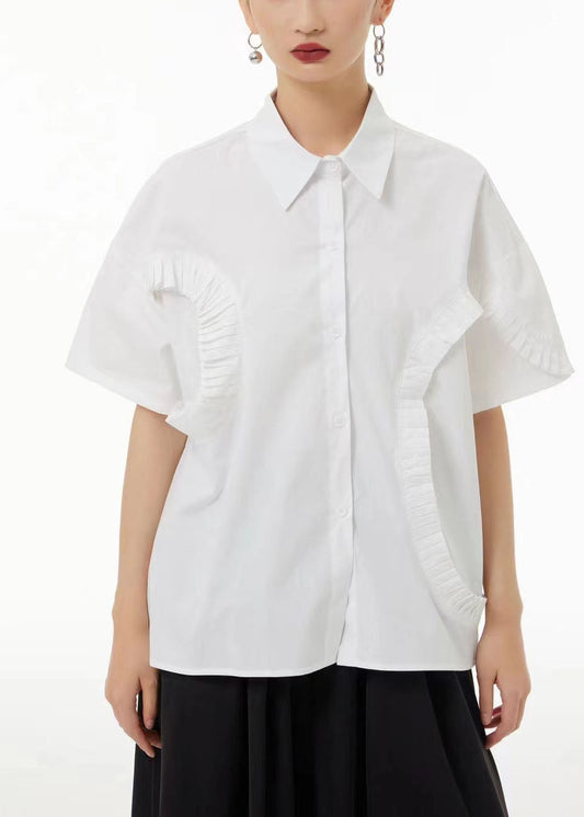 Style White Peter Pan Collar Wrinkled Cotton Shirt Top Summer LC0132 - fabuloryshop