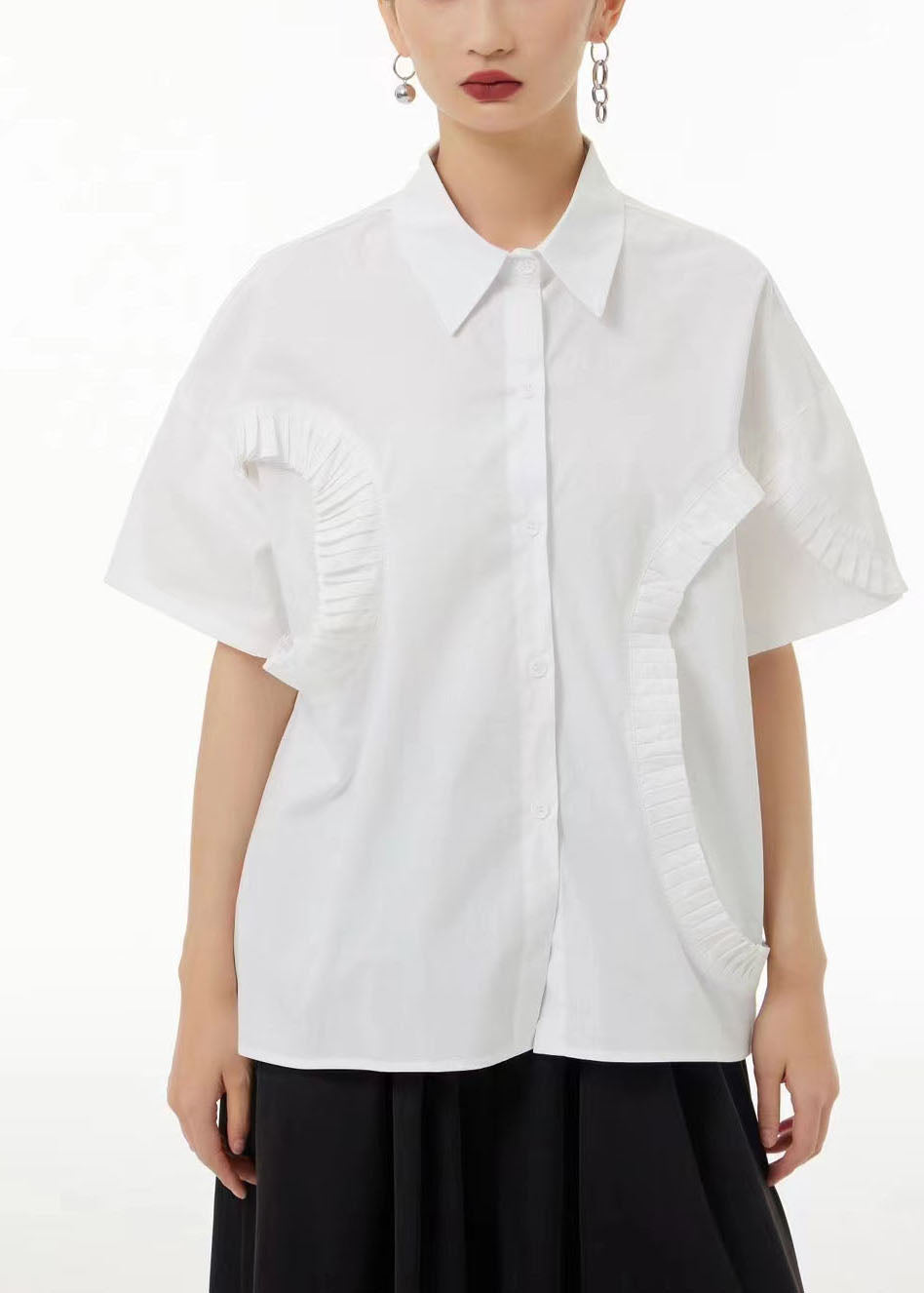 Style White Peter Pan Collar Wrinkled Cotton Shirt Top Summer LC0132