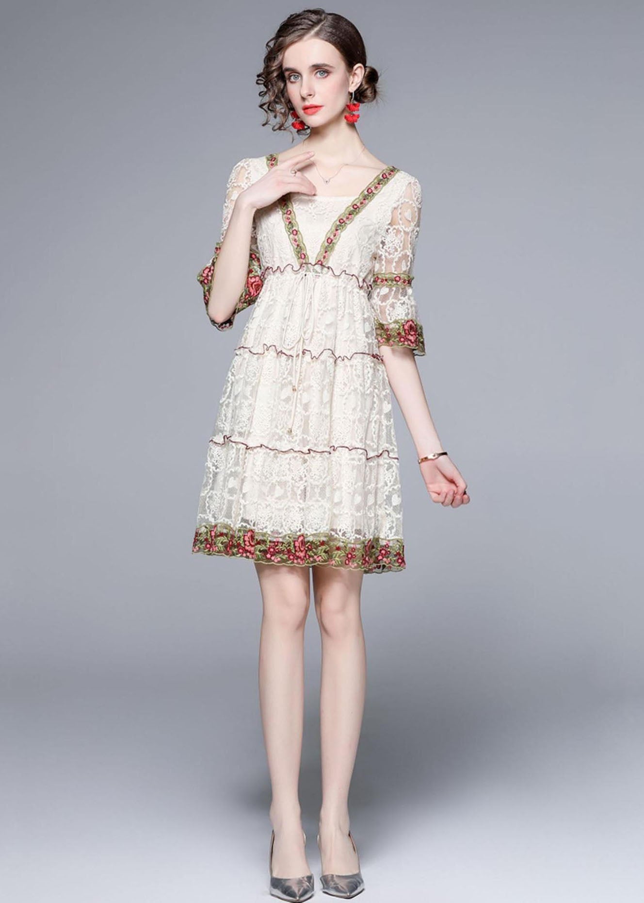 Style White Ruffled Embroideried Patchwork Lace Mid Dress Summer LY7421 - fabuloryshop