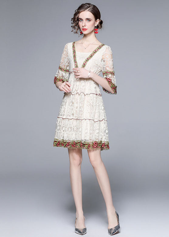 Style White Ruffled Embroideried Patchwork Lace Mid Dress Summer LY7421 - fabuloryshop