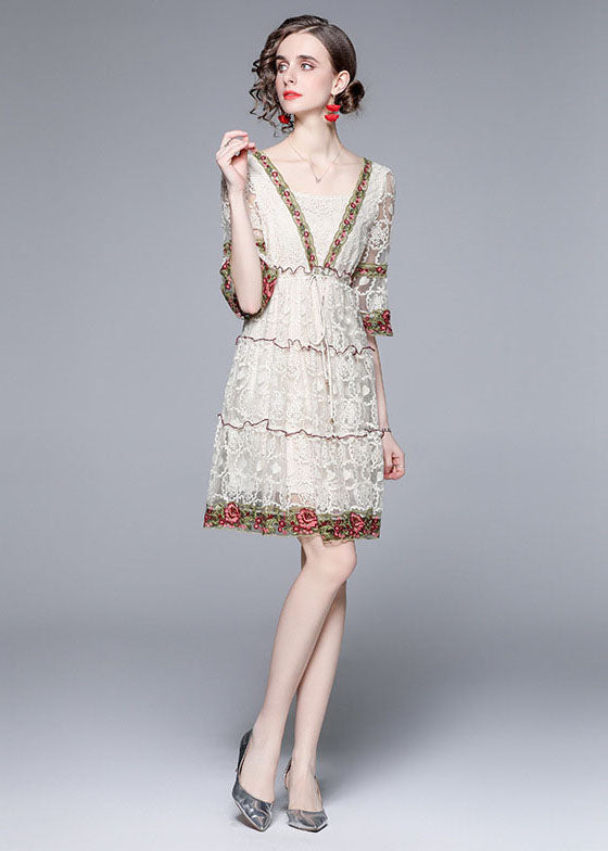 Style White Ruffled Embroideried Patchwork Lace Mid Dress Summer LY7421 - fabuloryshop