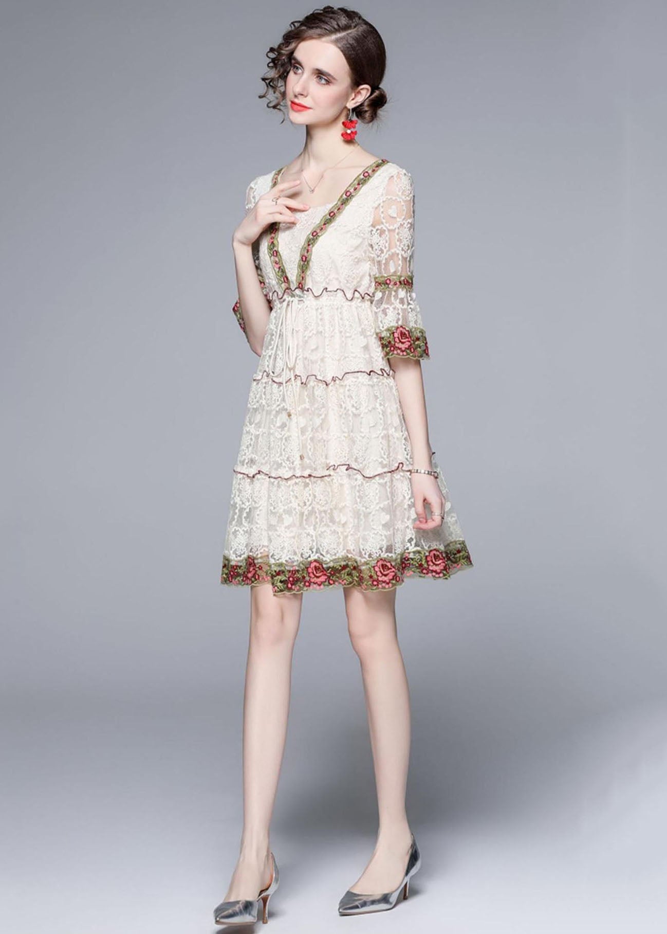 Style White Ruffled Embroideried Patchwork Lace Mid Dress Summer LY7421 - fabuloryshop