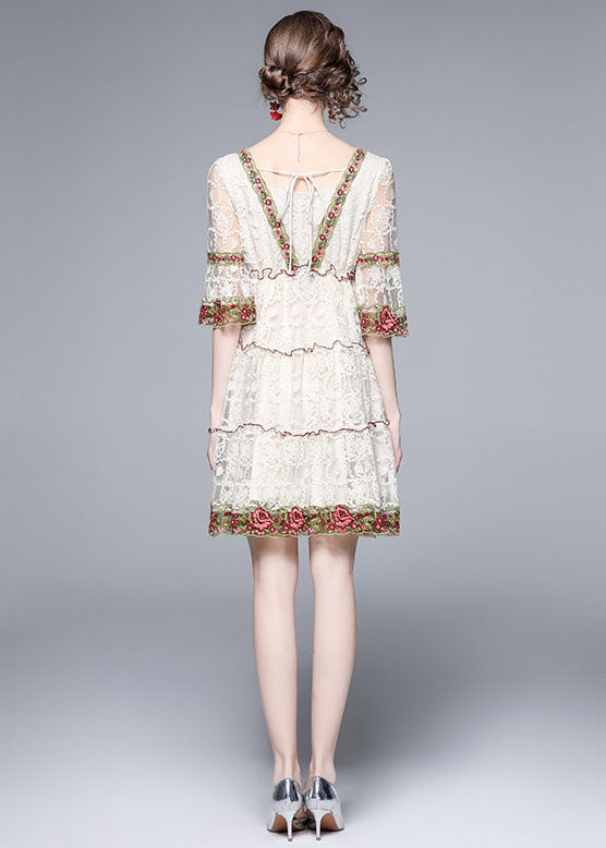 Style White Ruffled Embroideried Patchwork Lace Mid Dress Summer LY7421 - fabuloryshop