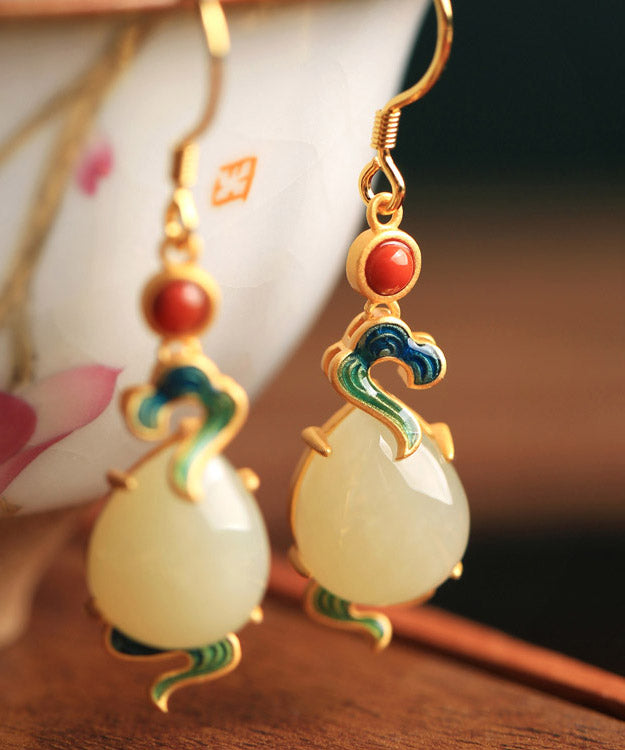 Style White Sterling Silver Jade Agate Enamel Xiangyun Drop Earrings LY2293 - fabuloryshop