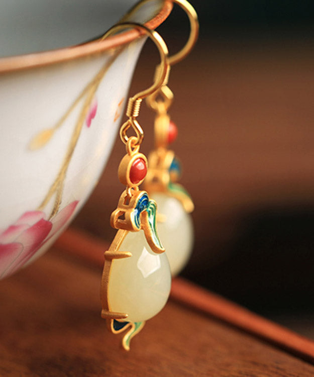 Style White Sterling Silver Jade Agate Enamel Xiangyun Drop Earrings LY2293 - fabuloryshop