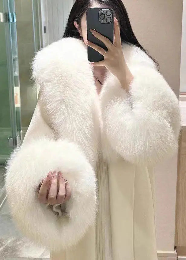 Style White Tie Waist Fur Collar Patchwork Woolen Coats Winter Ada Fashion