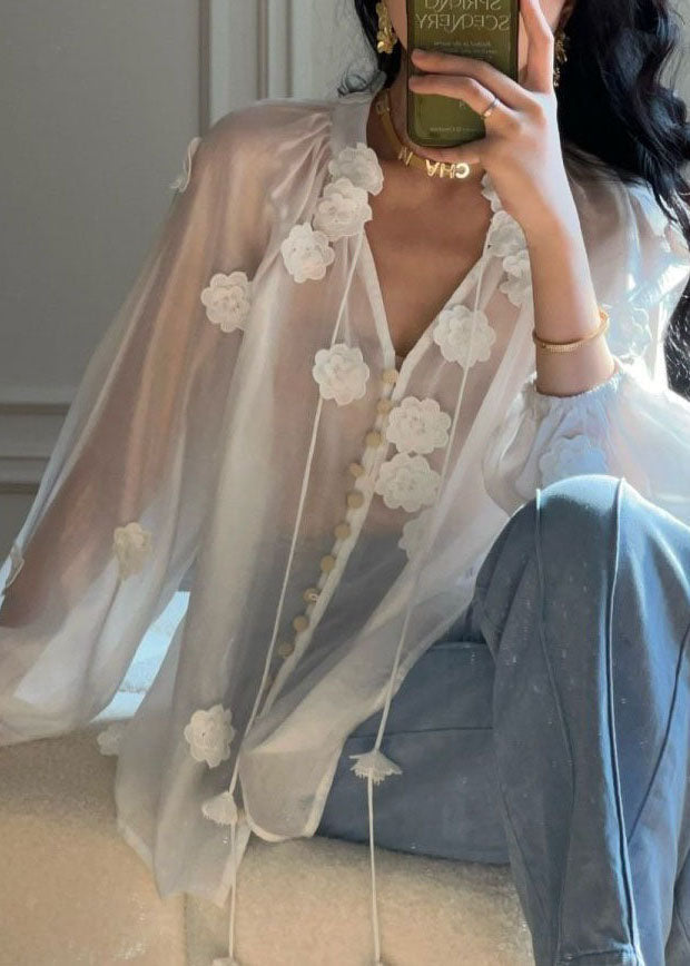 Style White V Neck Floral Decorated Patchwork Silk Top Long Sleeve LY4476 - fabuloryshop