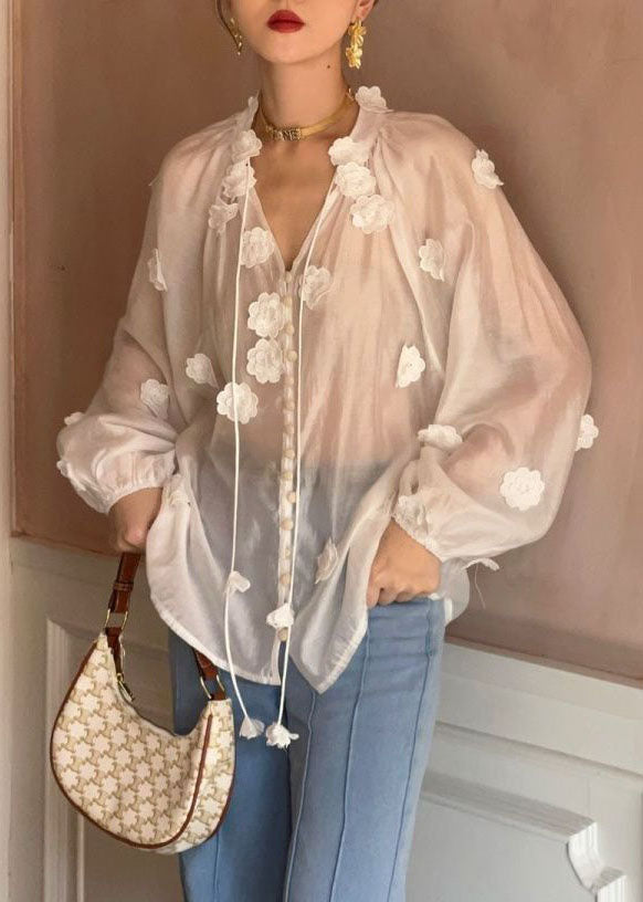 Style White V Neck Floral Decorated Patchwork Silk Top Long Sleeve LY4476 - fabuloryshop