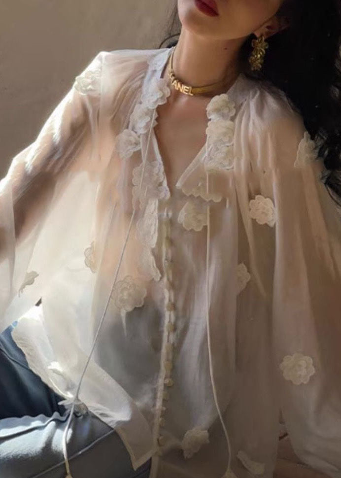 Style White V Neck Floral Decorated Patchwork Silk Top Long Sleeve LY4476 - fabuloryshop