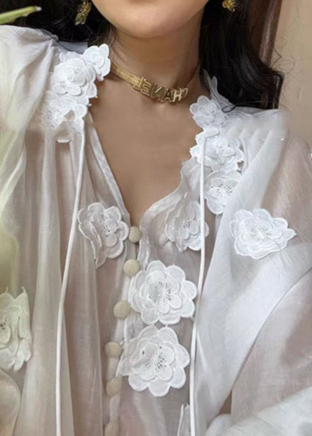 Style White V Neck Floral Decorated Patchwork Silk Top Long Sleeve LY4476 - fabuloryshop