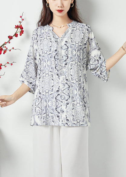 Style White V Neck Oversized Print Chiffon Shirts Summer LC0399 - fabuloryshop