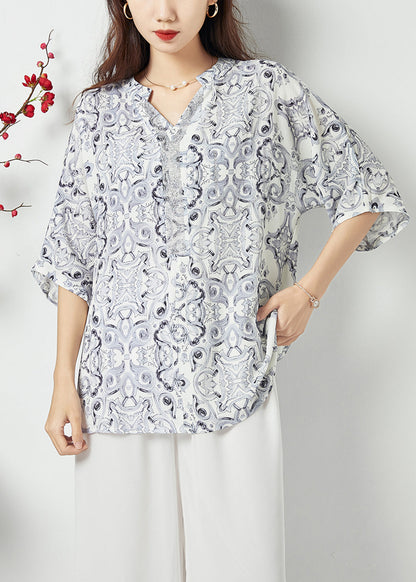 Style White V Neck Oversized Print Chiffon Shirts Summer LC0399 - fabuloryshop