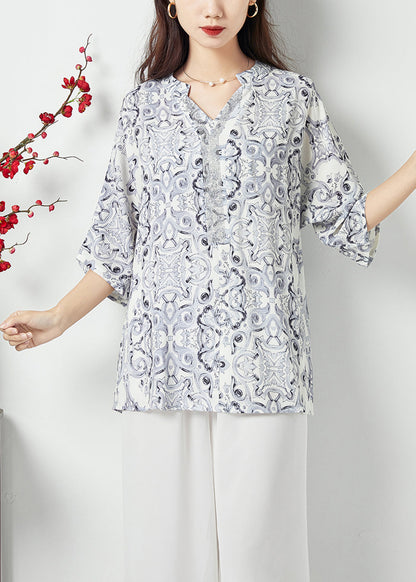 Style White V Neck Oversized Print Chiffon Shirts Summer LC0399 - fabuloryshop