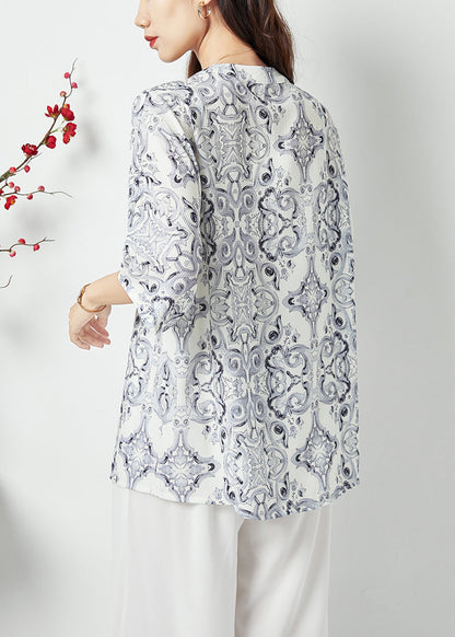 Style White V Neck Oversized Print Chiffon Shirts Summer LC0399 - fabuloryshop