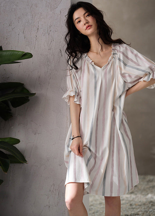 Style White V Neck Striped Cotton Long Dresses Summer TO1057 - fabuloryshop