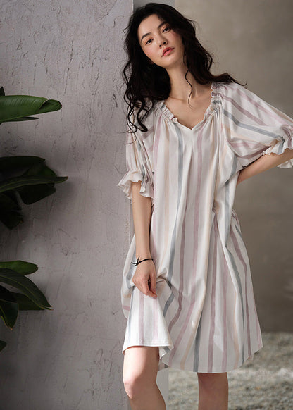 Style White V Neck Striped Cotton Long Dresses Summer LY1865 - fabuloryshop