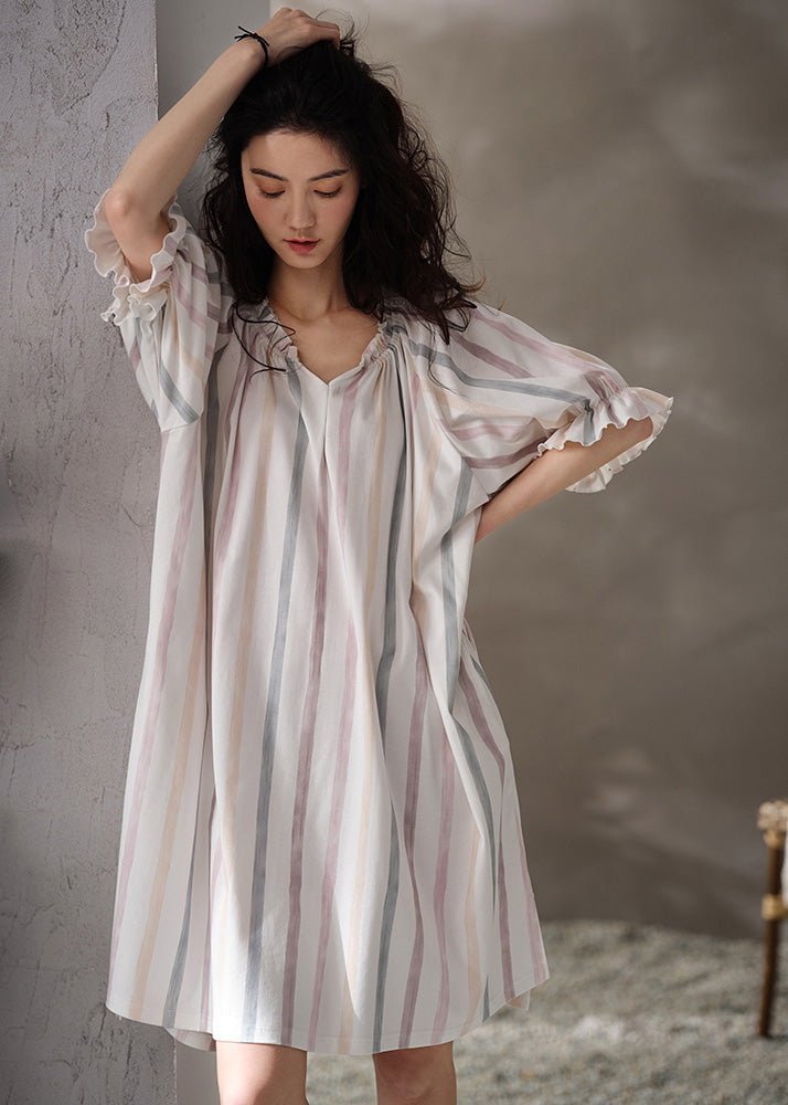 Style White V Neck Striped Cotton Long Dresses Summer TO1057 - fabuloryshop