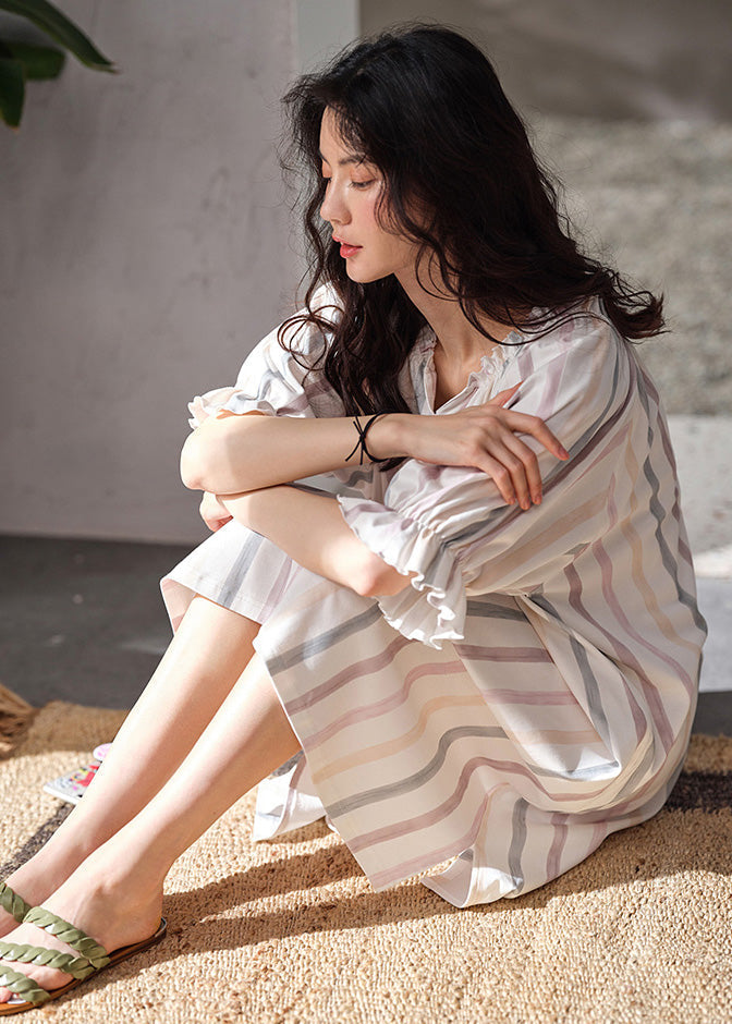 Style White V Neck Striped Cotton Long Dresses Summer TO1057 - fabuloryshop