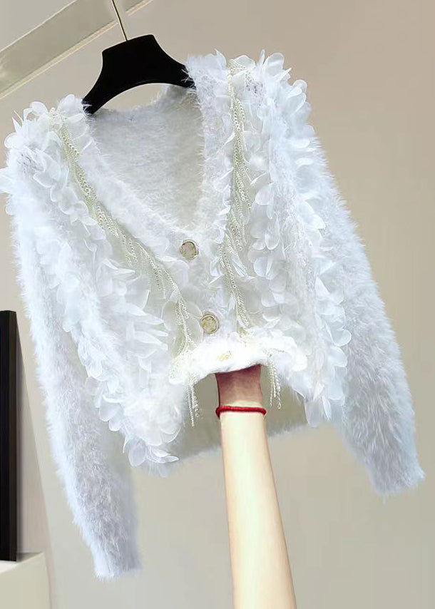 Style White V Neck Tasseled Patchwork Mink Hair Knitted Cardigan Fall Ada Fashion