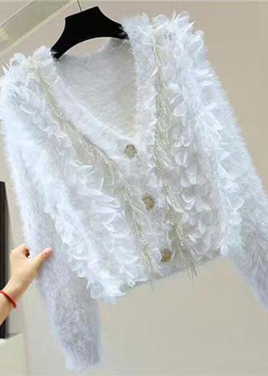 Style White V Neck Tasseled Patchwork Mink Hair Knitted Cardigan Fall Ada Fashion