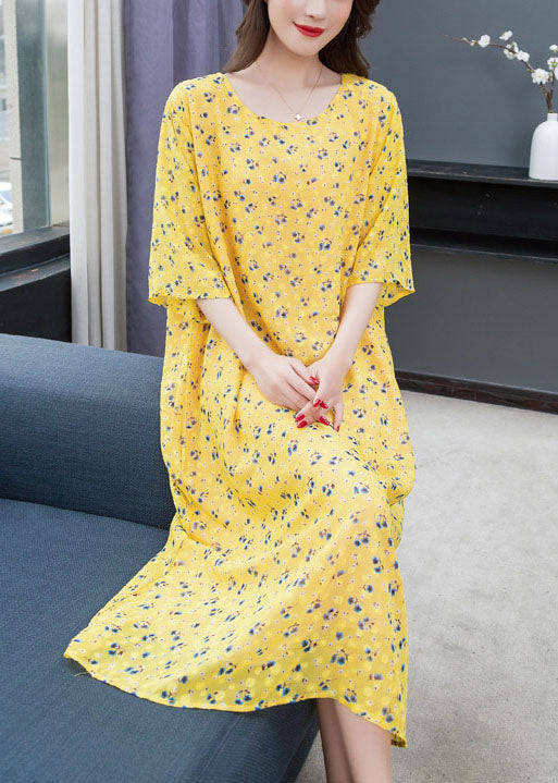 Style Yellow O Neck Print Patchwork Chiffon Dress Summer Ada Fashion
