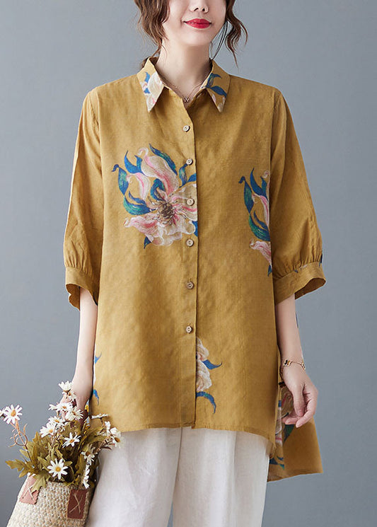 Style Yellow Oversized Print Cotton Shirt Top Half Sleeve LY1499 - fabuloryshop