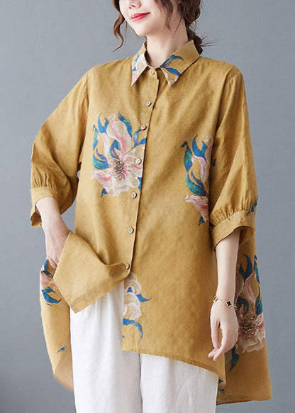 Style Yellow Oversized Print Cotton Shirt Top Half Sleeve LY1499 - fabuloryshop