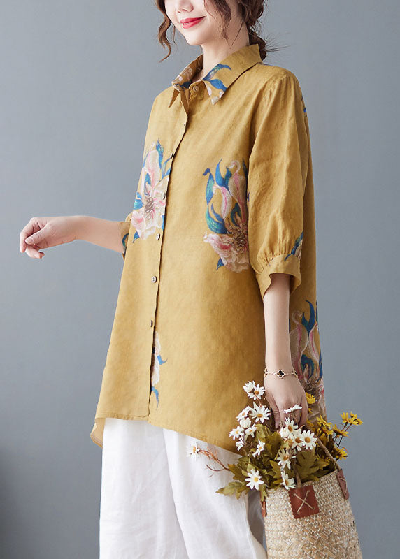 Style Yellow Oversized Print Cotton Shirt Top Half Sleeve LY1499 - fabuloryshop