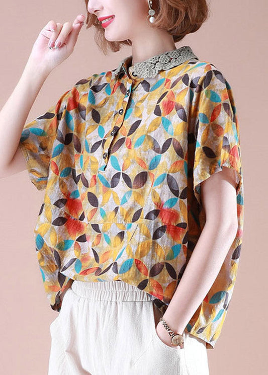 Style Yellow Peter Pan Collar Print Lace Patchwork Linen Top Summer LY3788 - fabuloryshop