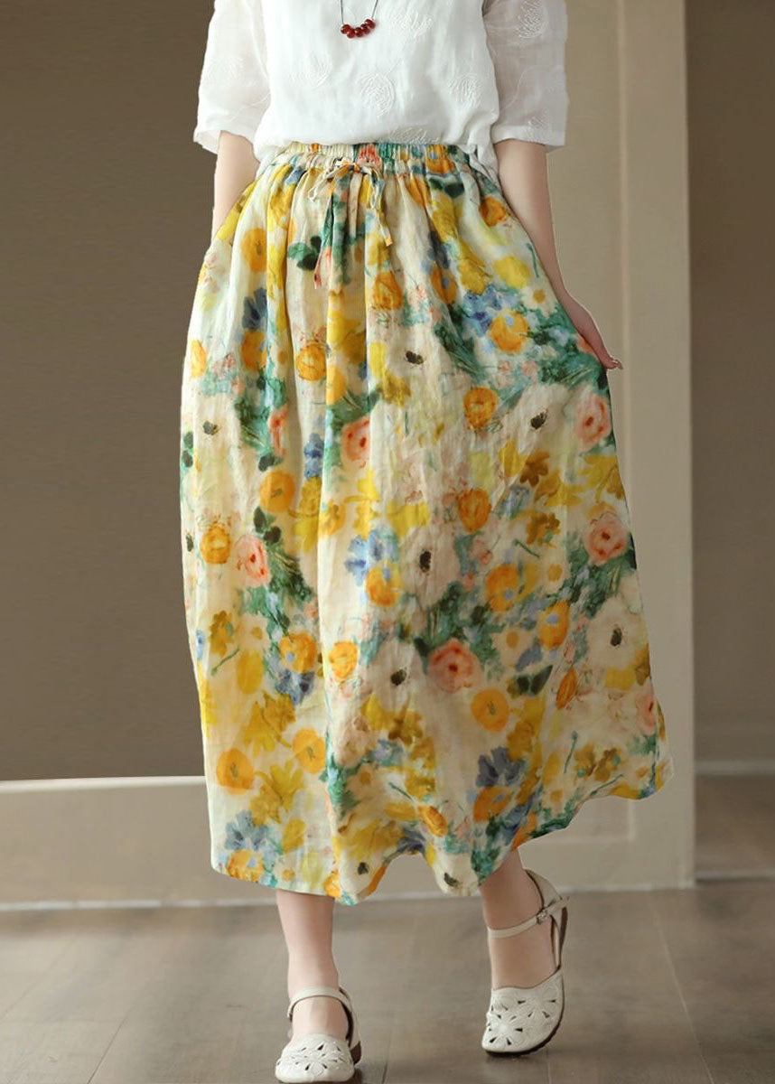 Style Yellow Pockets Elastic Waist Patchwork Linen Skirt Summer LY4017 - fabuloryshop