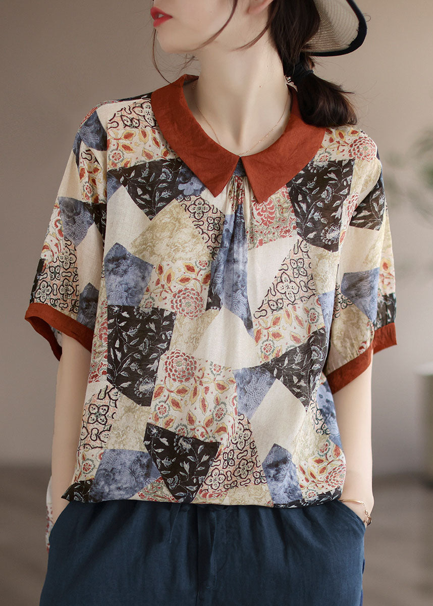 Stylish Apricot Peter Pan Collar Print Patchwork Cotton T Shirt Summer Ada Fashion