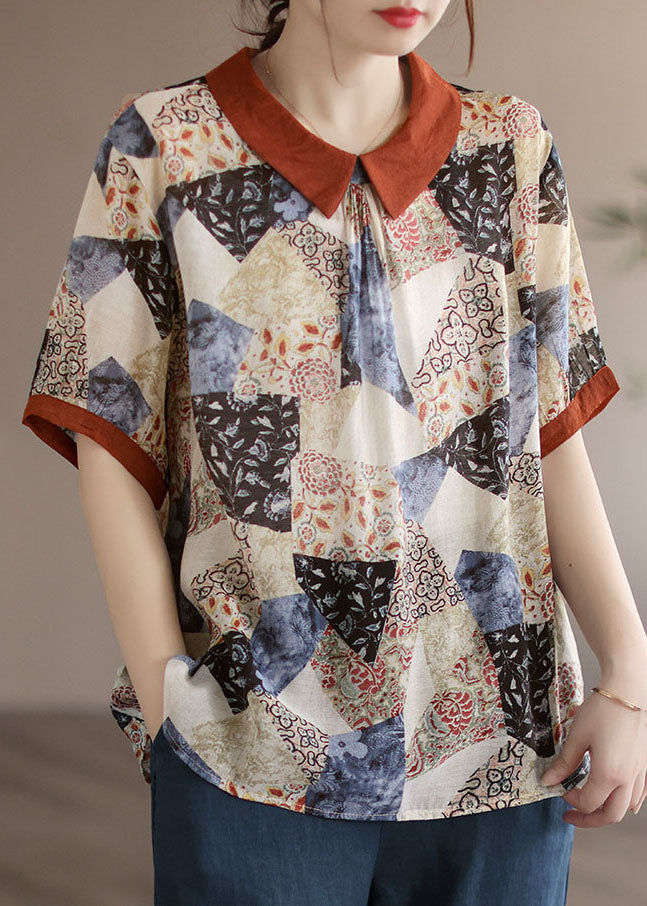 Stylish Apricot Peter Pan Collar Print Patchwork Cotton T Shirt Summer Ada Fashion