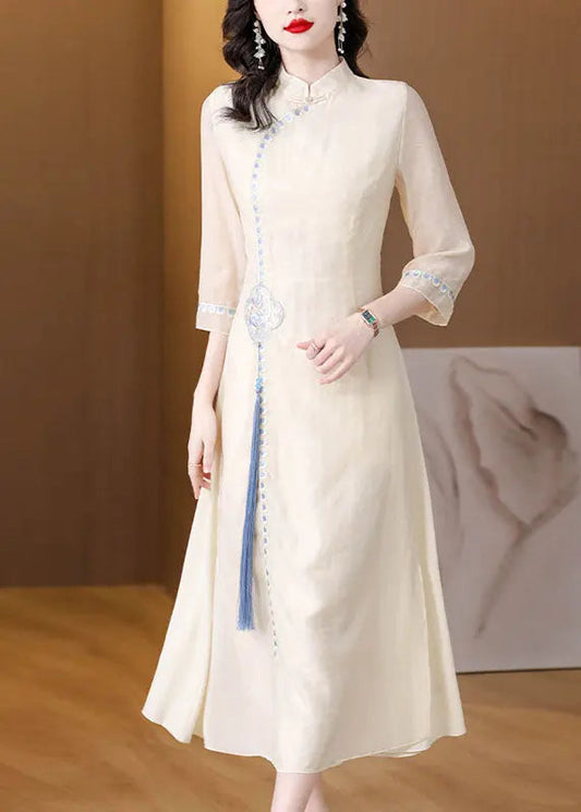 Stylish Apricot Stand Collar Embroidered Tassel Silk Long Dresses Fall Ada Fashion