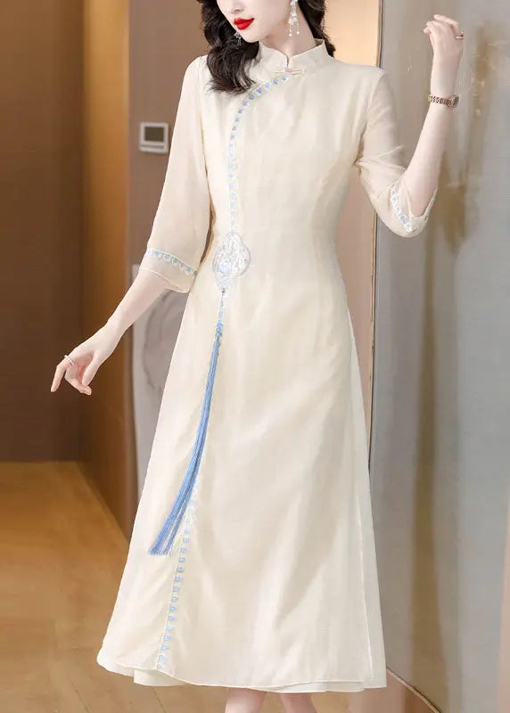 Stylish Apricot Stand Collar Embroidered Tassel Silk Long Dresses Fall Ada Fashion