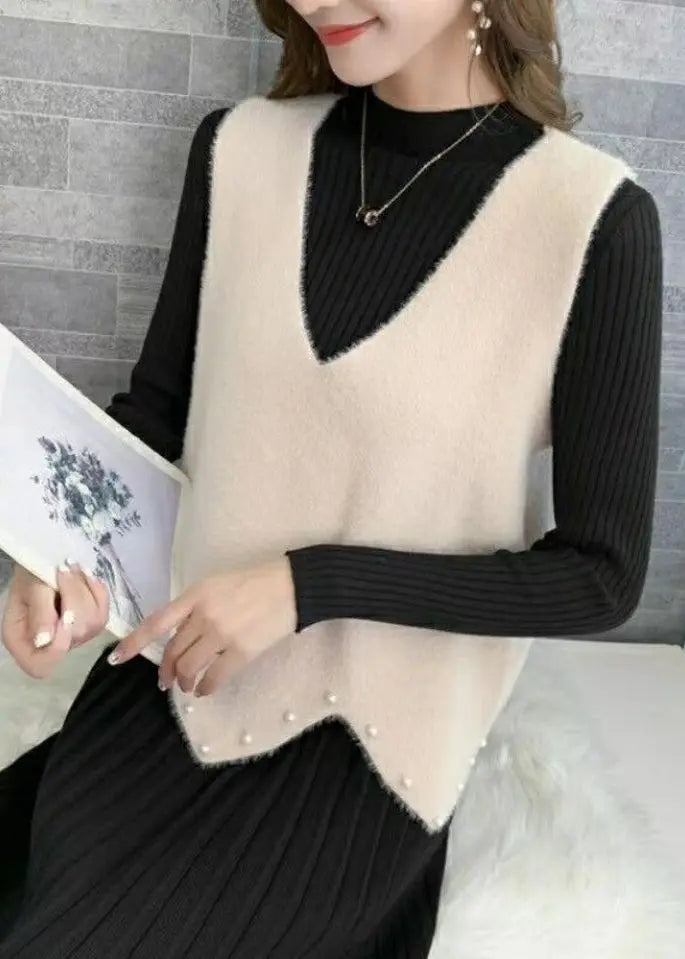 Stylish Apricot V Neck Nail Bead Mink Hair Knitted Vest Sleeveless Ada Fashion