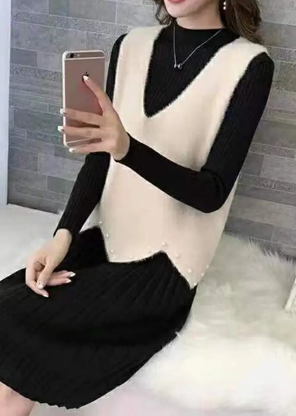 Stylish Apricot V Neck Nail Bead Mink Hair Knitted Vest Sleeveless Ada Fashion