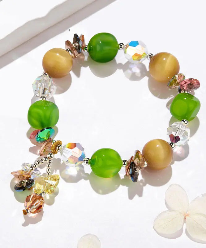 Stylish Avocado Green Crystal Agate Tiger's Eye Charm Bracelet Ada Fashion