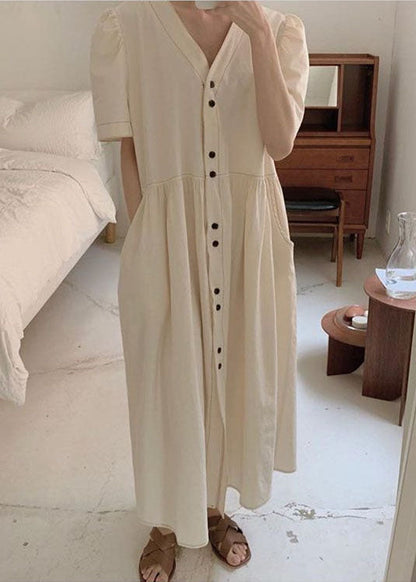 Stylish Beige V Neck Patchwork Wrinkled Cotton Dresses Puff Sleeve LY2155 - fabuloryshop