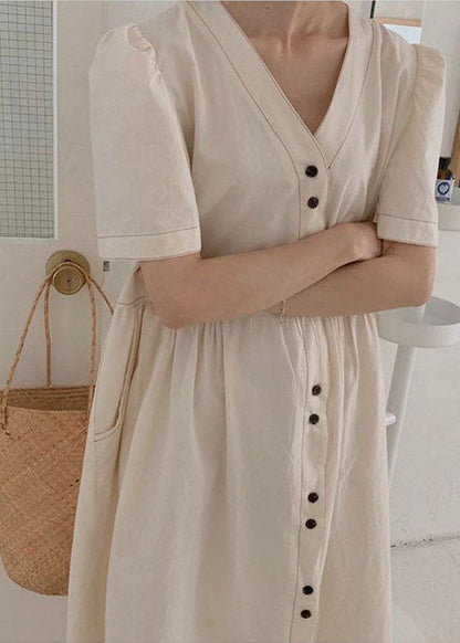 Stylish Beige V Neck Patchwork Wrinkled Cotton Dresses Puff Sleeve LY2155 - fabuloryshop