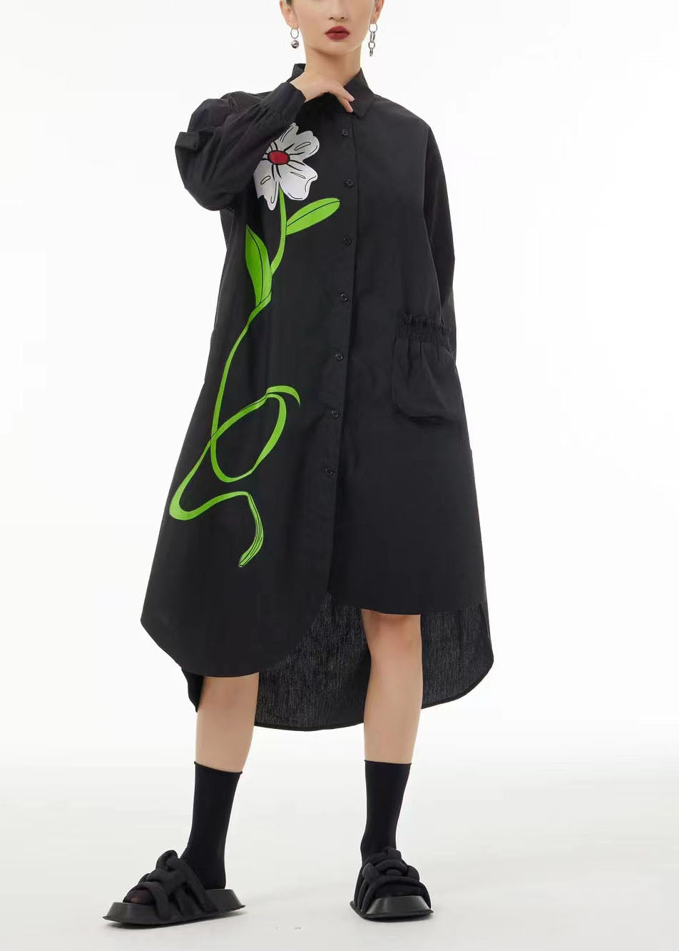 Stylish Black Asymmetrical Floral Pocket Cotton Vacation Dresses Spring LC0108 - fabuloryshop
