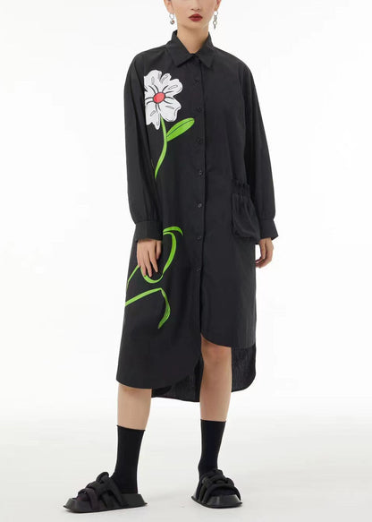 Stylish Black Asymmetrical Floral Pocket Cotton Vacation Dresses Spring TS1060 - fabuloryshop