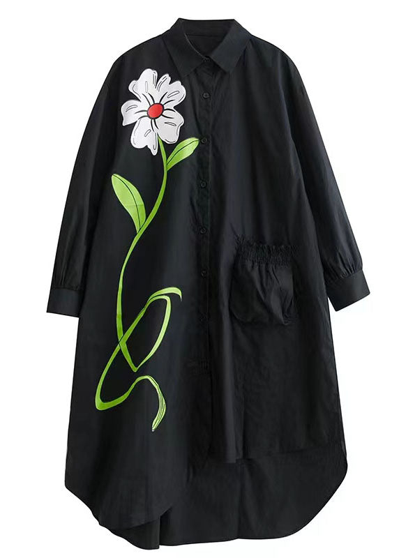 Stylish Black Asymmetrical Floral Pocket Cotton Vacation Dresses Spring TS1060 - fabuloryshop