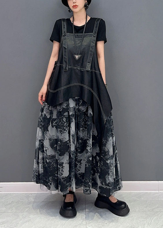 Stylish Black Asymmetrical Patchwork Exra Large Hem Chiffon Strap Dress Summer LY1587 - fabuloryshop