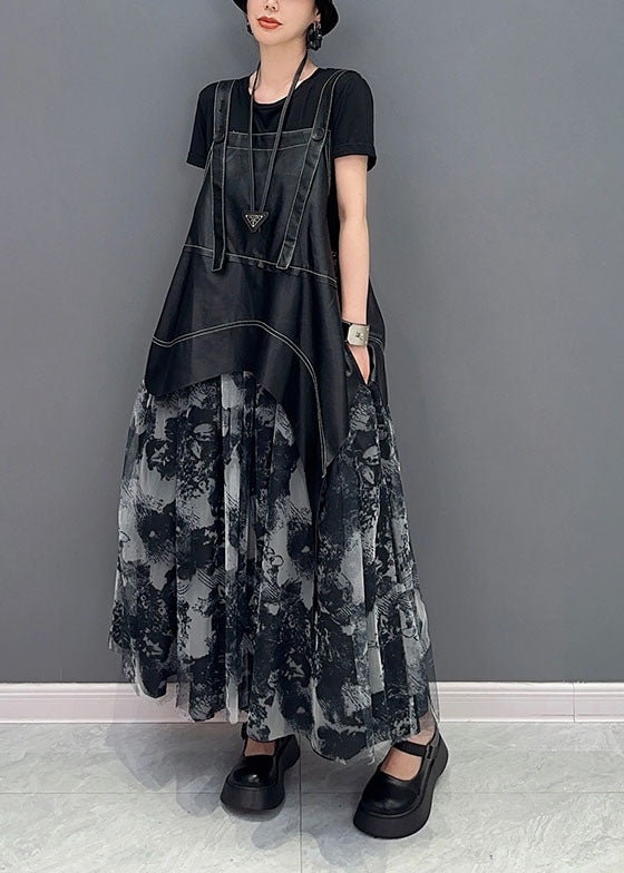 Stylish Black Asymmetrical Patchwork Exra Large Hem Chiffon Strap Dress Summer LY1587 - fabuloryshop