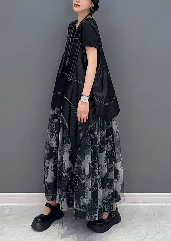 Stylish Black Asymmetrical Patchwork Exra Large Hem Chiffon Strap Dress Summer LY1587 - fabuloryshop